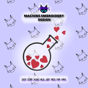 Puede incluir: Diseño de bordado a máquina que presenta un matraz lleno de corazones rojos, con corazones que se derraman. El diseño incluye un logotipo de cara de gato y el texto "MACHINE EMBROIDERY DESIGN". El fondo es de color púrpura claro con contornos de cara de gato.