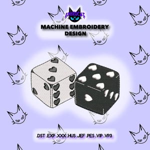 Puede incluir: Diseño de bordado a máquina con dos dados con puntos en forma de corazón. Un dado es blanco con corazones negros, el otro es negro con corazones blancos. El diseño incluye el texto "MACHINE EMBROIDERY DESIGN" y extensiones de tipo de archivo.