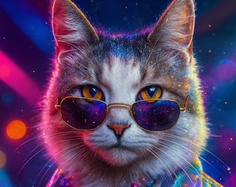 May include: A digitally created image of a cat wearing sunglasses and a colorful jacket. The cat has a gray and white coat with yellow eyes. The sunglasses have a purple lens. The background is a blur of pink, blue, and yellow lights.