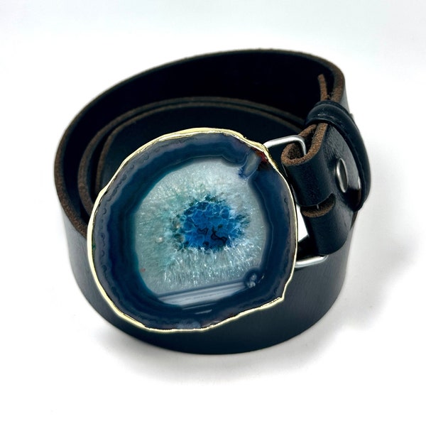 Ocean Blue & White Agate Slice Quartz Belt Buckle | Gold Foil Edge