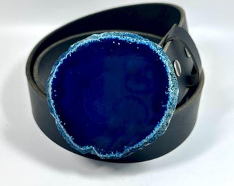 Deep Navy Blue Brazilian Agate Slice Quartz Belt Buckle | Raw Edge