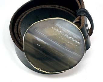 Gray and Tan striped Agate Slice Quartz Belt Buckle | Gold Foil Edge