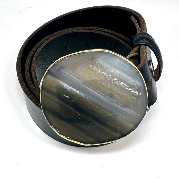 Gray and Tan striped Agate Slice Quartz Belt Buckle | Gold Foil Edge