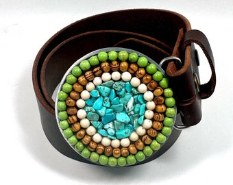 Boucle de Ceinture Cercle Turquoise avec Perles de Bois Africain et Perles Fossil