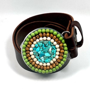 Turquoise Circle Belt Buckle with African Wood Beads and Fossil Beads