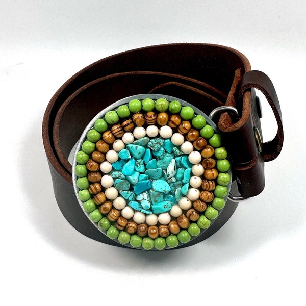 Turquoise Circle Belt Buckle with African Wood Beads and Fossil Beads