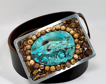 Klamra prostokątna w kolorze srebrzystym, niebiesko-brązowym, Ocean Jasper | Jaspis obrazkowy | Tygrysie oko