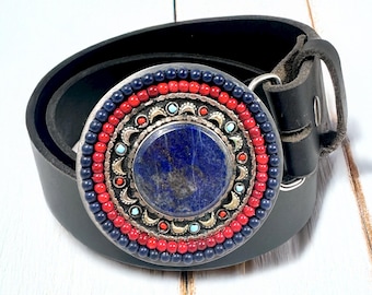 Lapis Lazuli Tibetan Round Mosaic Belt Buckle | Turquoise