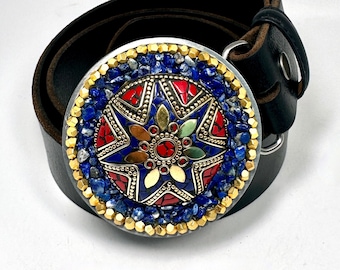 Gold Star Tibetan Mosaic Round Belt Buckle | Red Coral and Lapis Lazuli