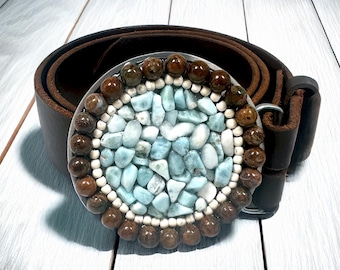 Larimar | Brązowy jaspis | Srebrna klamra paska