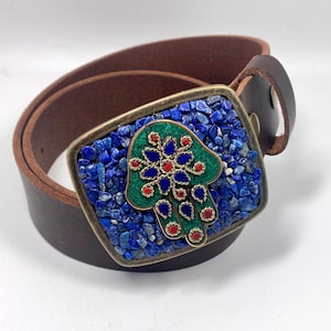 Hand of Fatima Belt Buckle | Green with Inlaid Lapis Lazuli, Red Coral and Gold