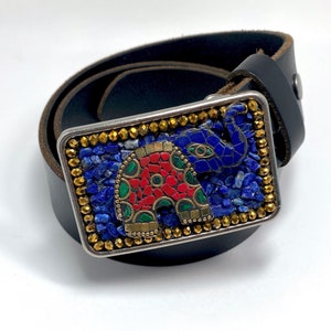 Tibetan Mosaic Elephant | Lapis, Coral & Gold | Belt Buckle