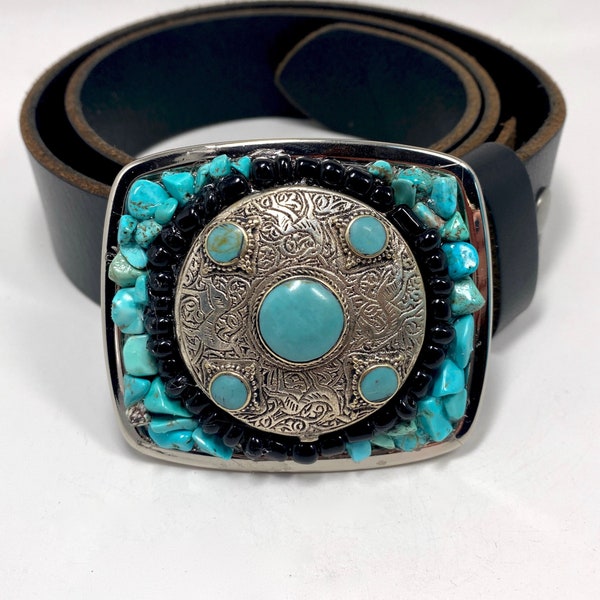 Silver & Turquoise Tibetan Medallion Belt Buckle | Black African Beads