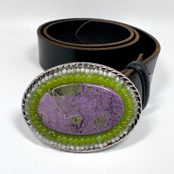 Purple & Green Stichtite Belt Buckle with Lime Green Tiger Eye and Gray Beads