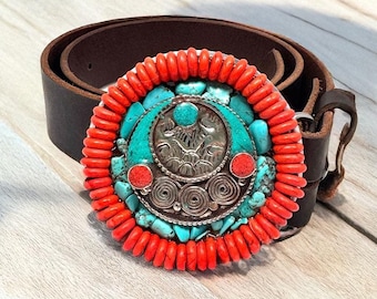 Tibetan Silver Medallion Round Belt Buckle Turquoise and Orange Beads