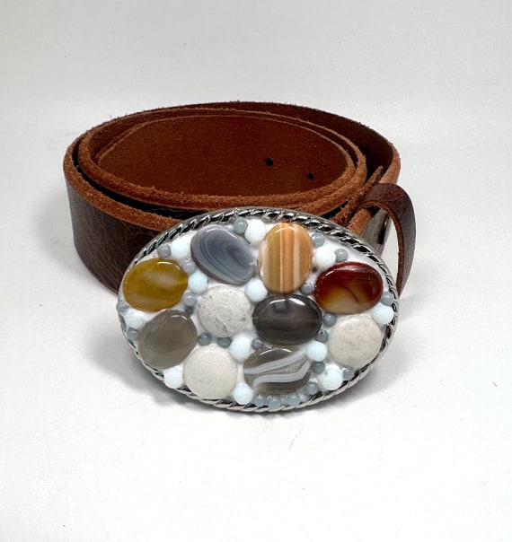Leather & Stone Mini Belt Buckle Stone Mountain Memorial Coin Conchos Western Embossed Full  main image 4