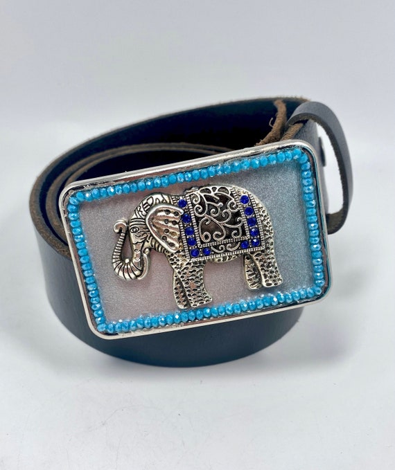 Silver Elephant Beaded Belt Buckle | Silver Foil Leather 