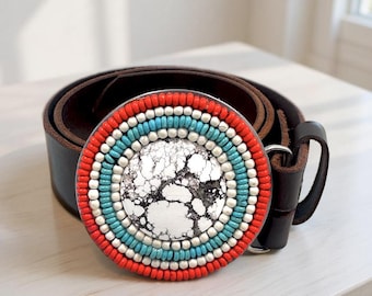 Wild Horse Stone | Turquoise, Coral & Orange Bead | Round Belt Buckle