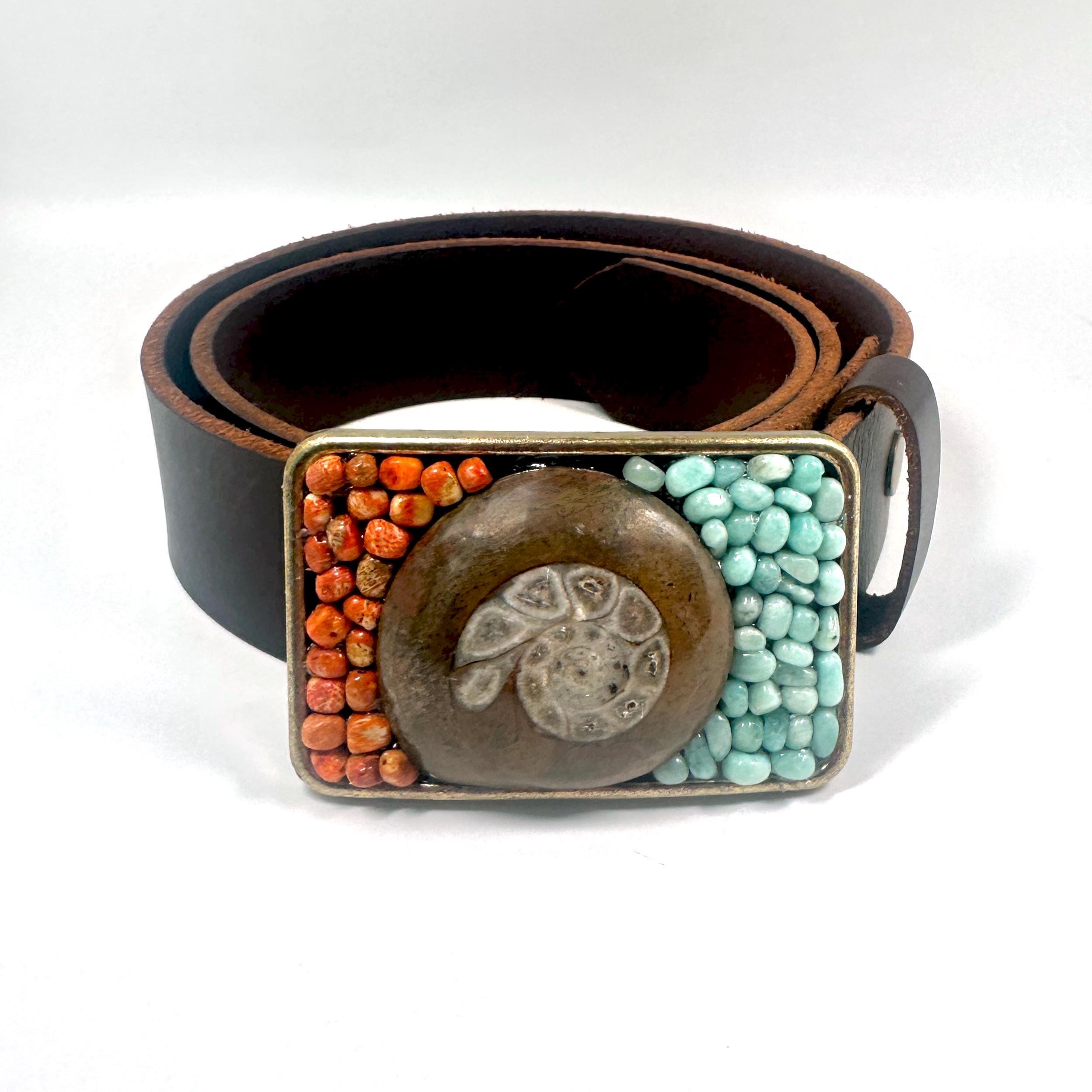 MOROCCAN AMMUNITE FOSSIL &JASPER HANDMADE BELT BUCKLE. Buy White Quartz & Jasper Stone Flower Belt Buckle Online in  main image 2