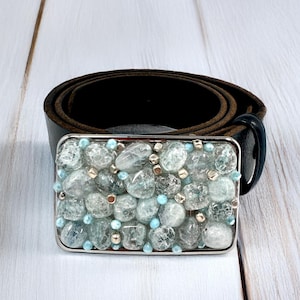 Icy Blue Stone and Silver Bead Belt Buckle