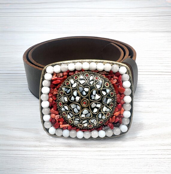 Coral Red and Amber colored Mosaic Belt Free People Summer Solstice Stone Belt - Coral Reef  main image 2