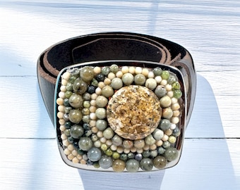 Earthy Jasper | Agate Mosaic | Druzy Center Natural Stone Silver Belt Buckle