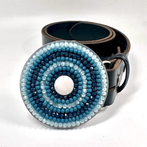 Round Blue Mosaic Crystal Beads Silver Belt Buckle