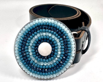 Round Blue Mosaic Crystal Beads Silver Belt Buckle