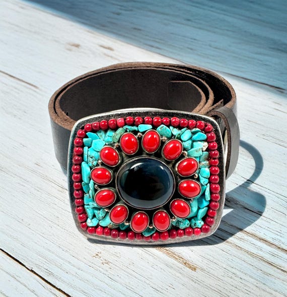 Silver and Black Belt with Red and Turquoise Accents Sequoia main image 2