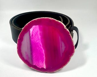 Magenta and White Striped Brazilian Agate Slice Quartz Belt Buckle