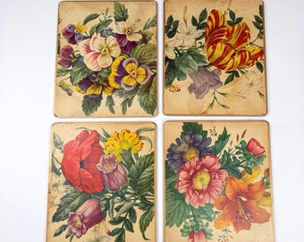 1970s vintage floral placemats set of 4 cork back botanical table decor retro kitchen mid century cottagecore farmhouse