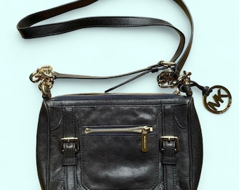 Michael Kors McGraw Black Leather Crossbody Bag Gold Hardware 11”