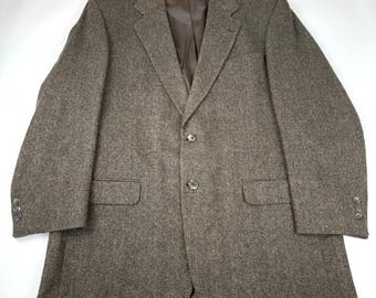 Mens vintage herringbone tweed blazer size L brown wool jacket made in Canada, dark academia coat, classic 80s 90s style