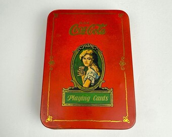 Vintage 1980 Coca Cola Playing Cards Tin Red Advertising Case