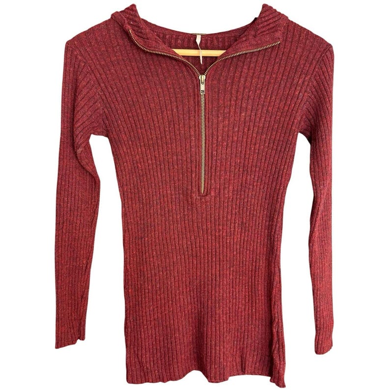 Y2K Free People burgundy hooded sweater women’s small wool blend zip neck image 1