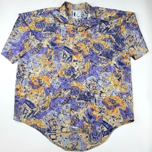 vintage 90s abstract print shirt men’s XL rayon button up purple art retro oversized statement shirt resort wear