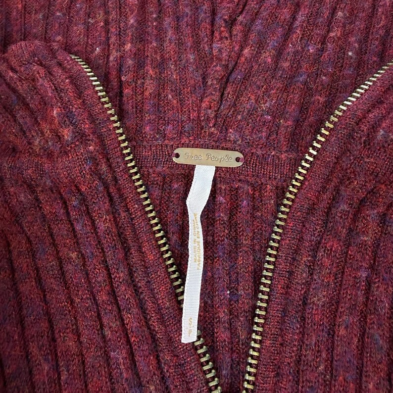 Y2K Free People burgundy hooded sweater women’s small wool blend zip neck image 3
