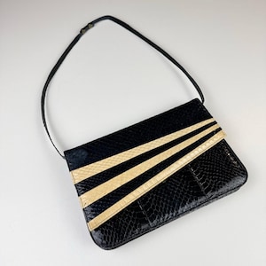 Vintage python snakeskin handbag black white top handle purse suede lined