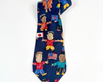 56” vintage Save the Children silk tie, novelty kids flags, USA made