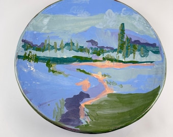 Ręcznie malowana misa ceramiczna studyjna 16 cali, sygnowany talerz artystyczny Aspen CO