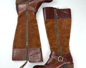 Botas altas hasta la rodilla talla 9, de cuero marrón y gamuza, botas de montar rústicas de otoño, botas altas de tacón grueso estilo ecuestre para mujer.