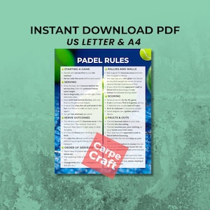 May include: A printable PDF document titled "PADEL RULES" with instructions for starting a game, serving, rallies, scoring, and faults. The document is available in US Letter and A4 sizes. The document has a green and yellow color scheme.