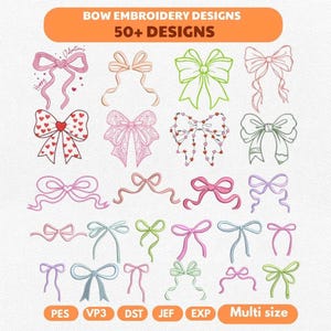 May include: A digital design image featuring over 50 bow embroidery designs in various colors and styles. The bows include Valentine's Day and heart-themed designs, with the text "BOW EMBROIDERY DESIGNS" and "50+ DESIGNS" at the top. The image also includes file type formats.