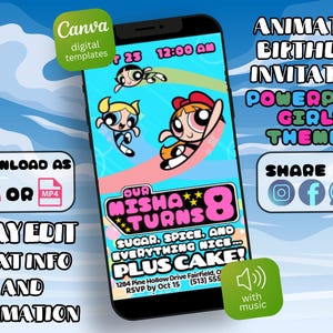 Puede incluir: Invitación de cumpleaños animada con temática de Las Supernenas, mostrada en un smartphone. La invitación dice "Our Misha Turns 8". Incluye opciones para descargar como GIF o MP4, editar texto y compartir en redes sociales.