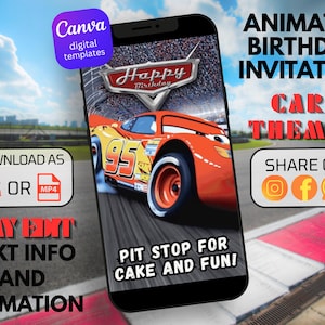 Inbjudan till födelsedag för Bilar Lightning McQueen | Animerad digital racingfestbanderoll | Inbjudan till biltema med racerbil bild 1