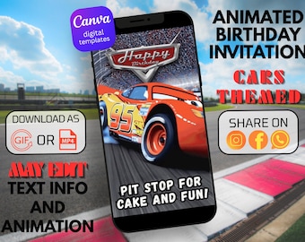 Invito di compleanno a tema Saetta McQueen di Cars / Banner digitale animato per feste a tema corse automobilistiche / Invito a tema auto da corsa