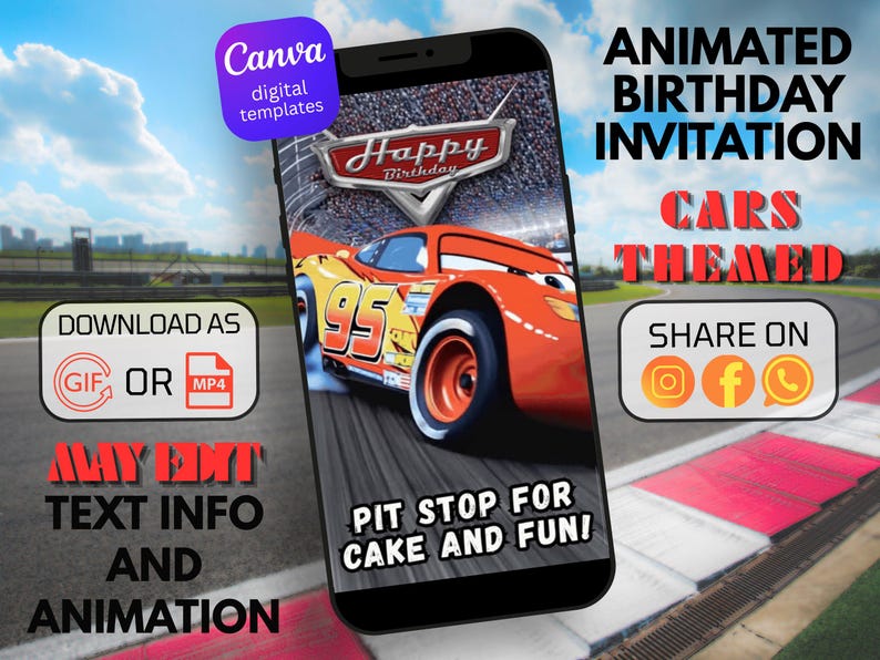Inbjudan till födelsedag för Bilar Lightning McQueen | Animerad digital racingfestbanderoll | Inbjudan till biltema med racerbil bild 1