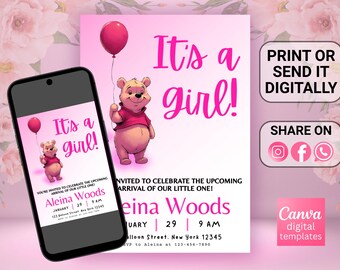 Invito baby shower Winnie the Pooh rosa: modello modificabile per bambina (download digitale 5x7)