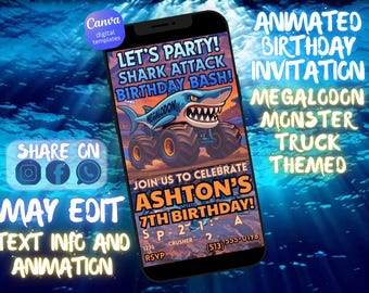 Invito di compleanno a tema Megalodon Monster Truck: modello animato per festa (download digitale)