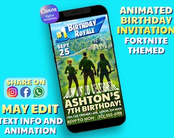 Invito di compleanno per una serata di giochi in stile Fort, modello modificabile (download digitale)